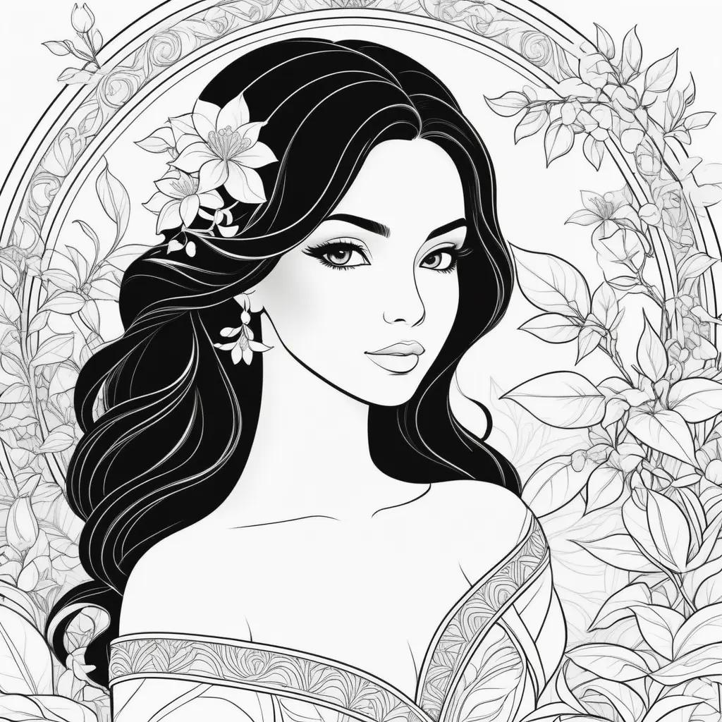 Black and white coloring page of a woman with flowers