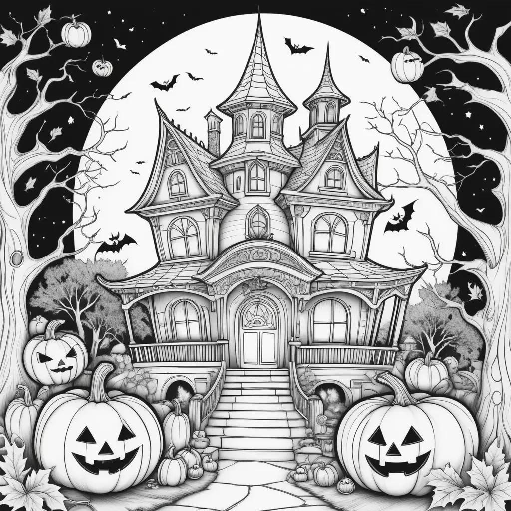 Black and white coloring page of adult halloween scene