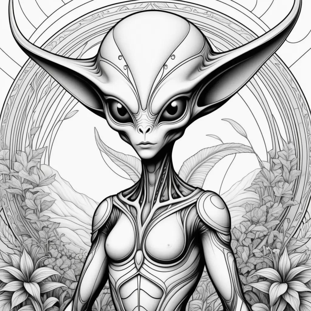 Black and white coloring page of alien with flowers