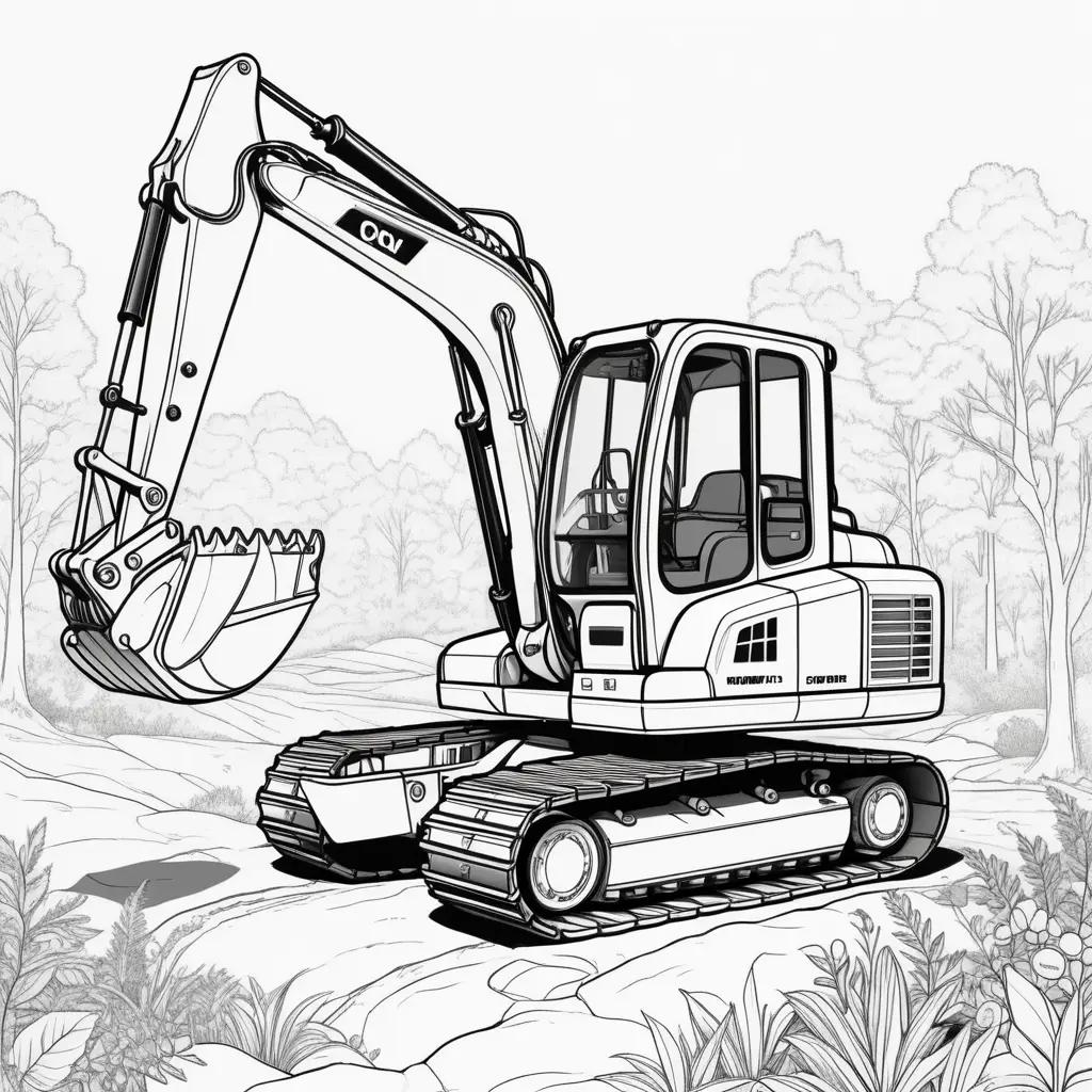 Black and white coloring page of an excavator