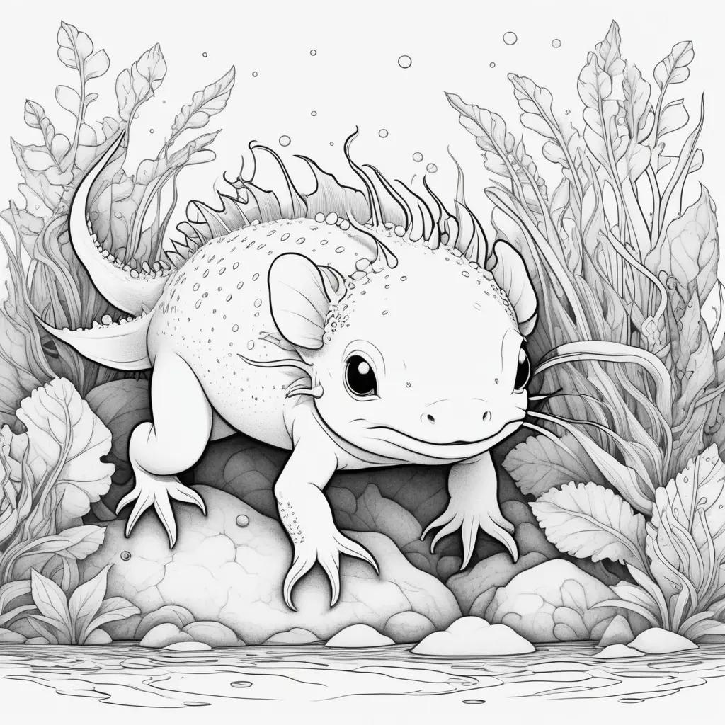 Black and white coloring page of axolotl in water