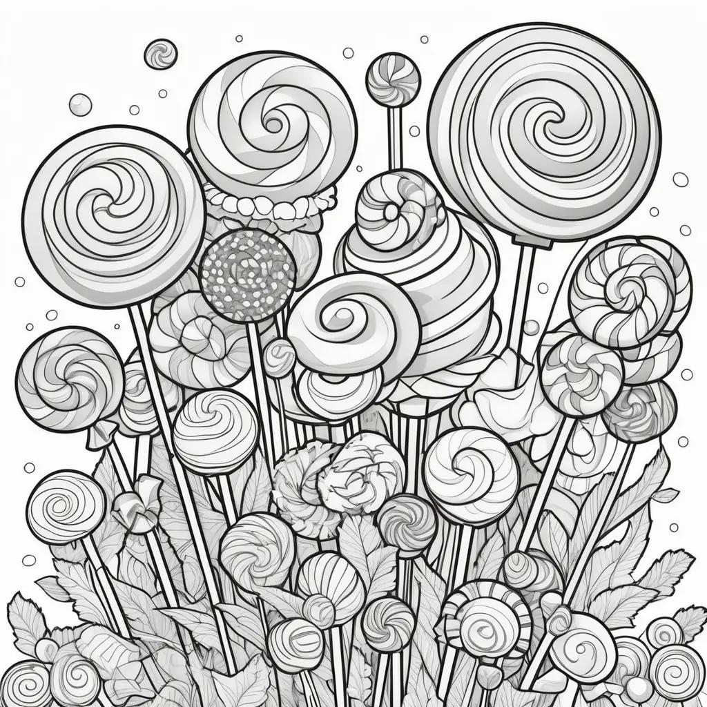 Black and white coloring page of candy lollipops and leaves