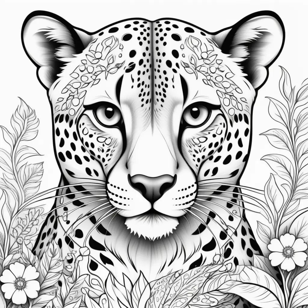 Black and white coloring page of cheetah with flowers