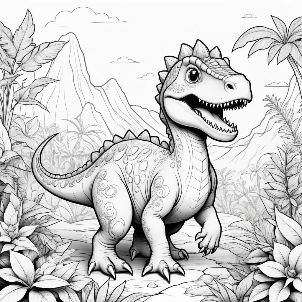 Black and white coloring page of cute dinosaur in jungle