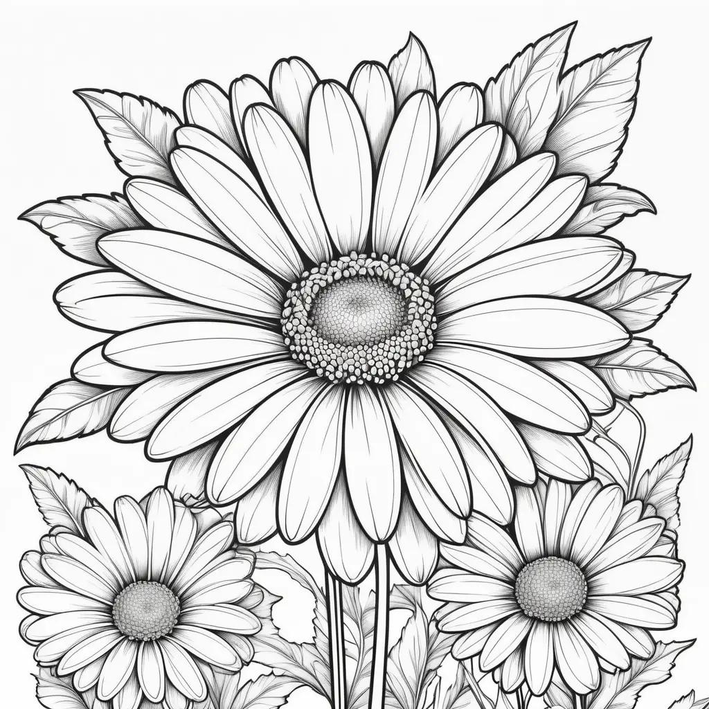Black and white coloring page of daisy with leaves