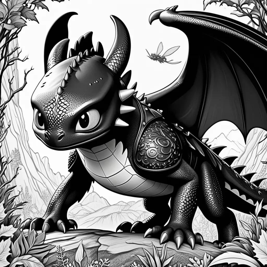 Black and white coloring page of dragon in forest