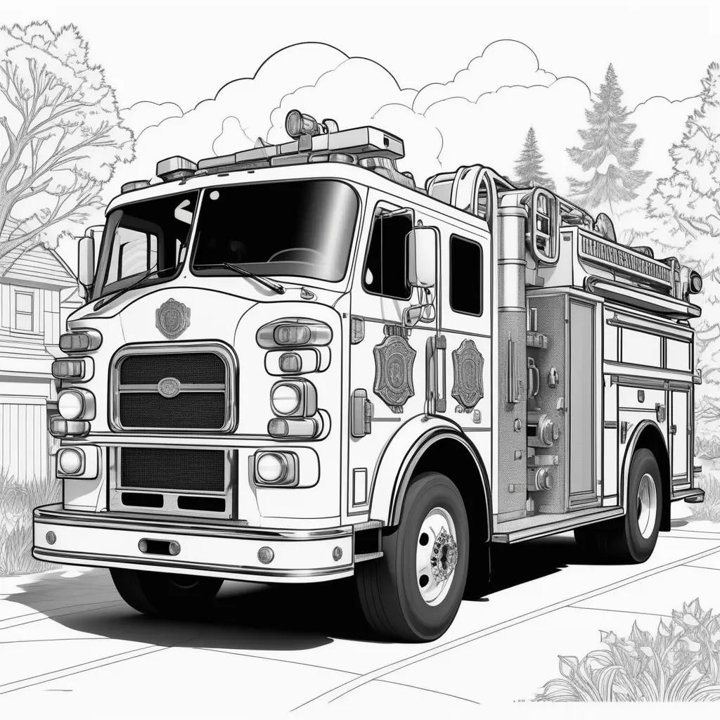 Black and white coloring page of fire truck