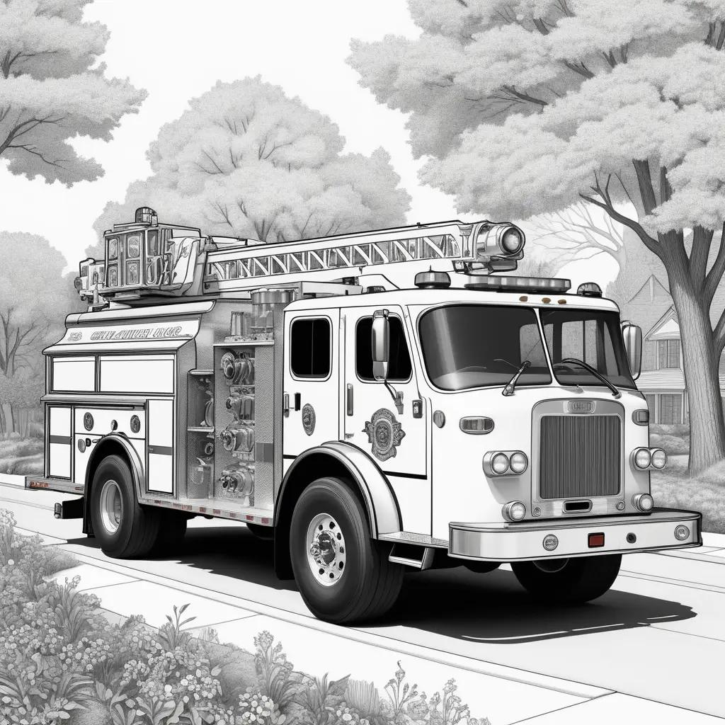 Black and white coloring page of fire truck