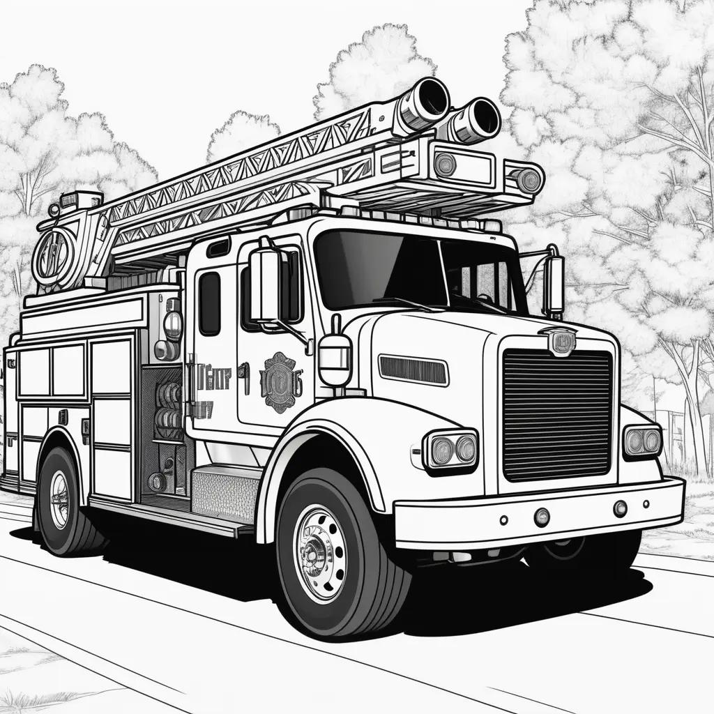 Black and white coloring page of fire truck