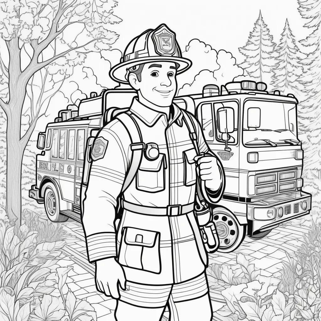 Black and white coloring page of firefighter standing next to firetruck