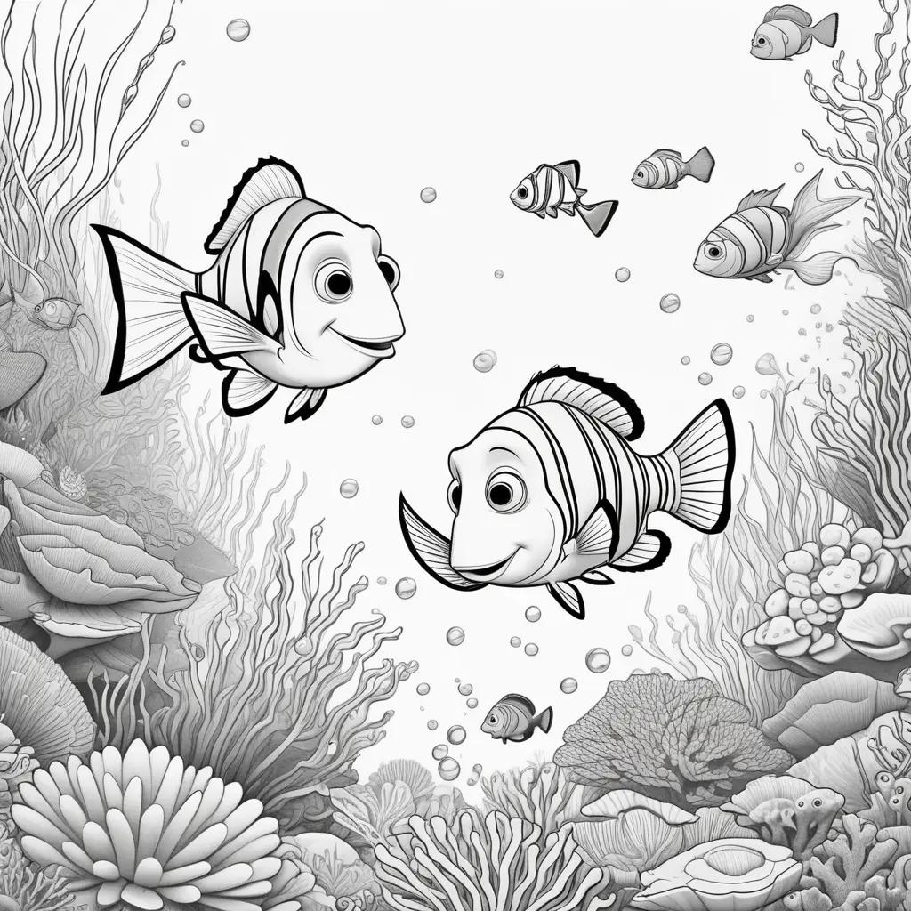 Black and white coloring page of fish and coral