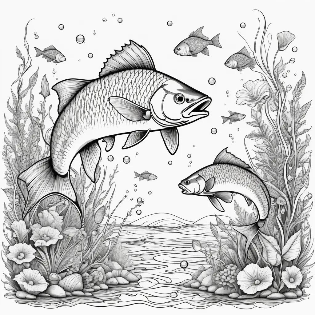 Black and white coloring page of fish and flowers