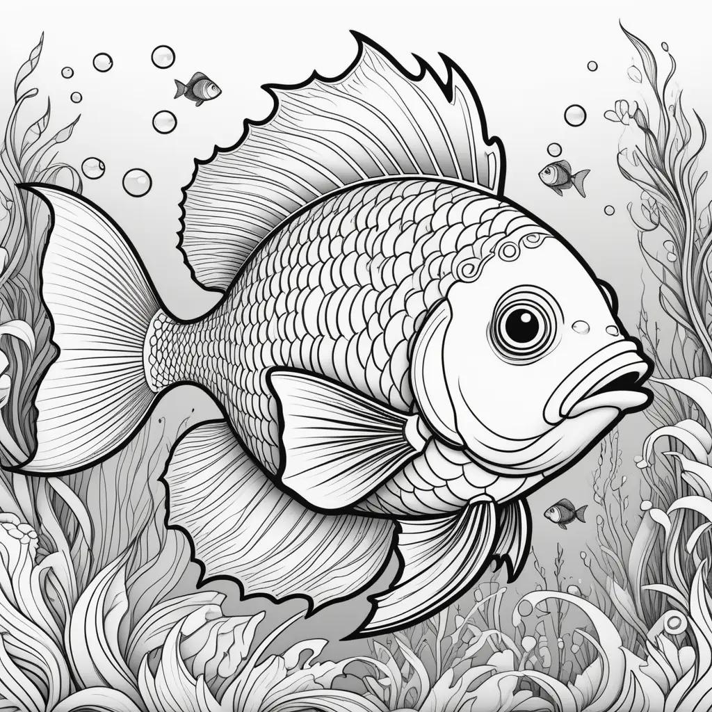 Black and white coloring page of fish and seaweed