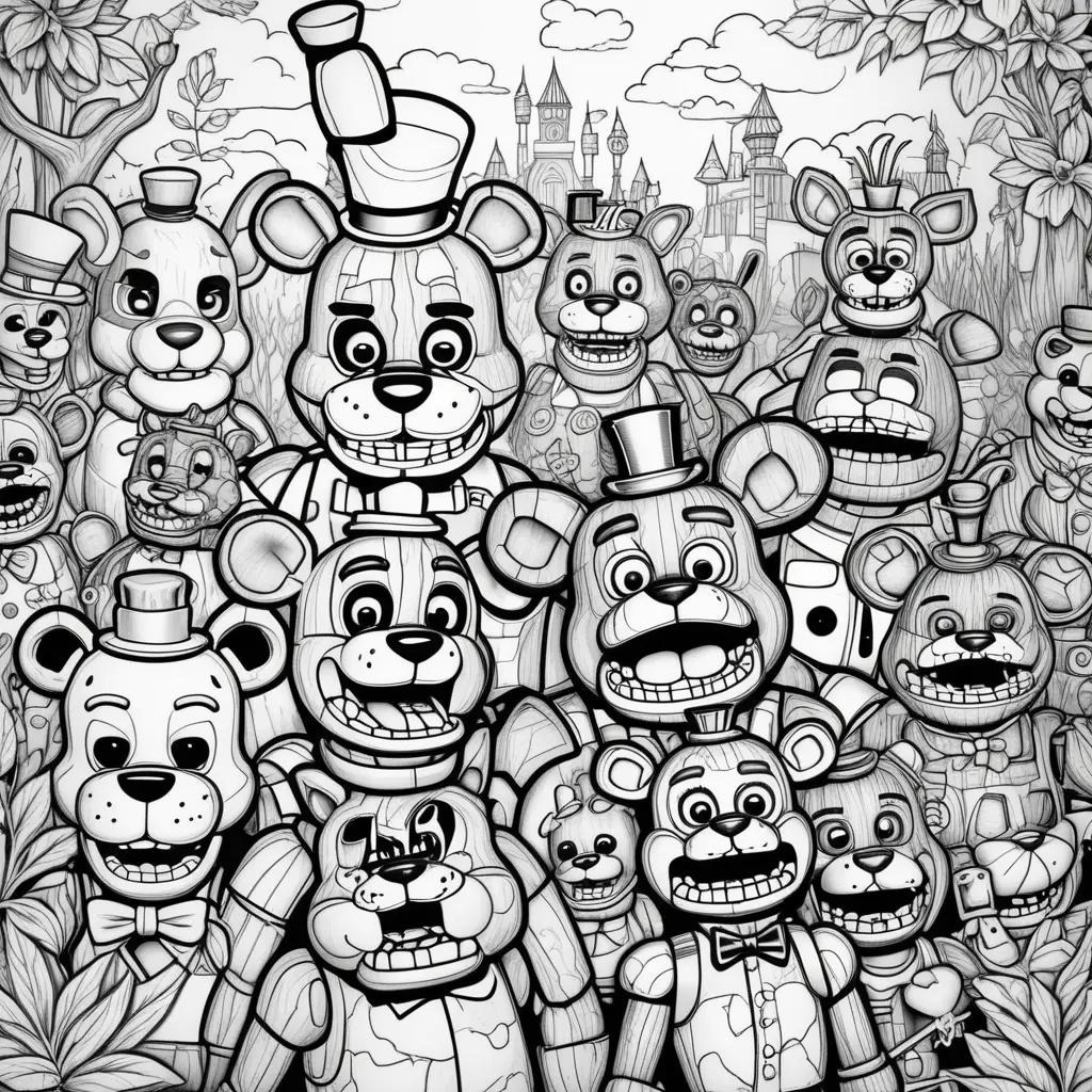 Black and white coloring page of freddy and friends