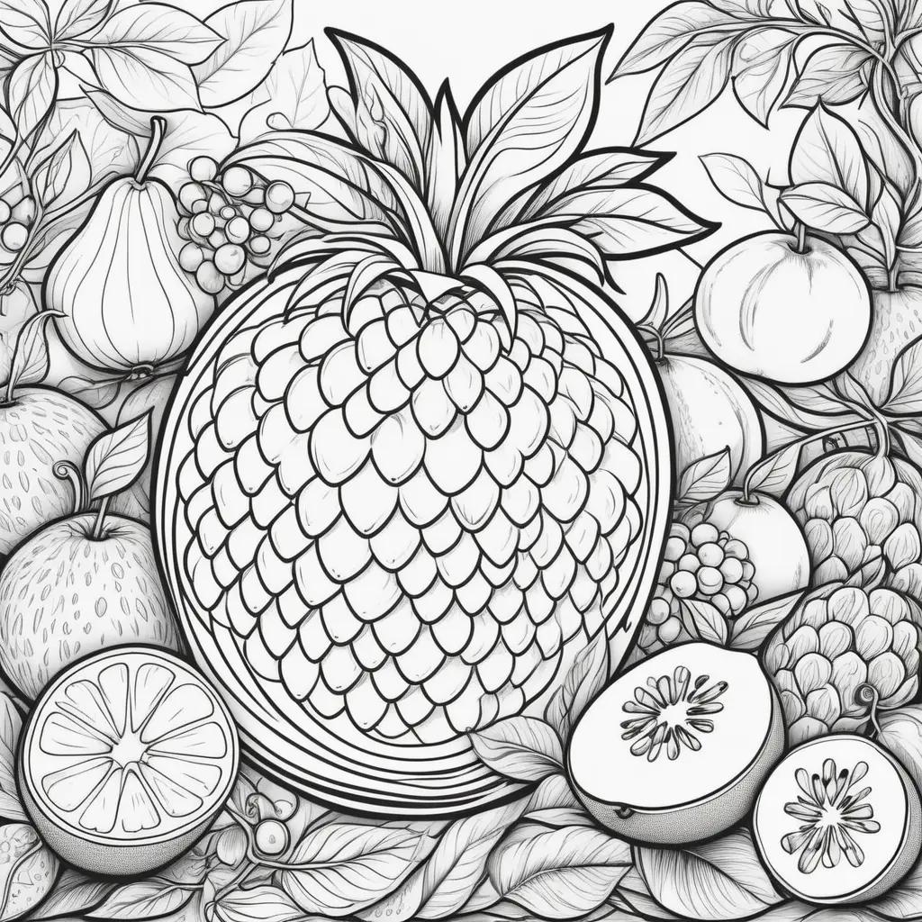 Black and white coloring page of fruit and leaves