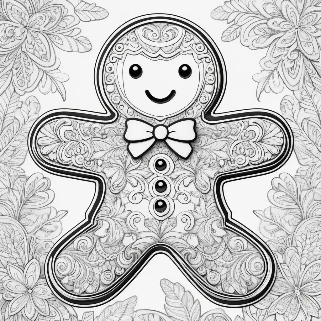 Black and white coloring page of gingerbread man with bowtie and flowers