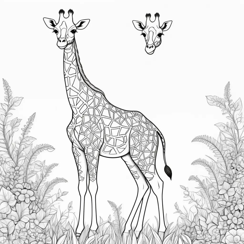 Black and white coloring page of giraffe in grassy area