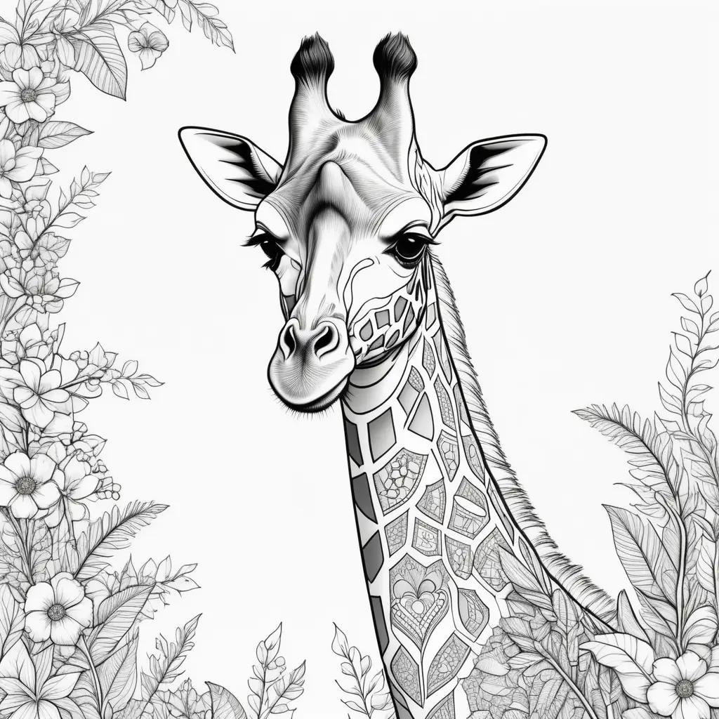 Black and white coloring page of giraffe with flowers