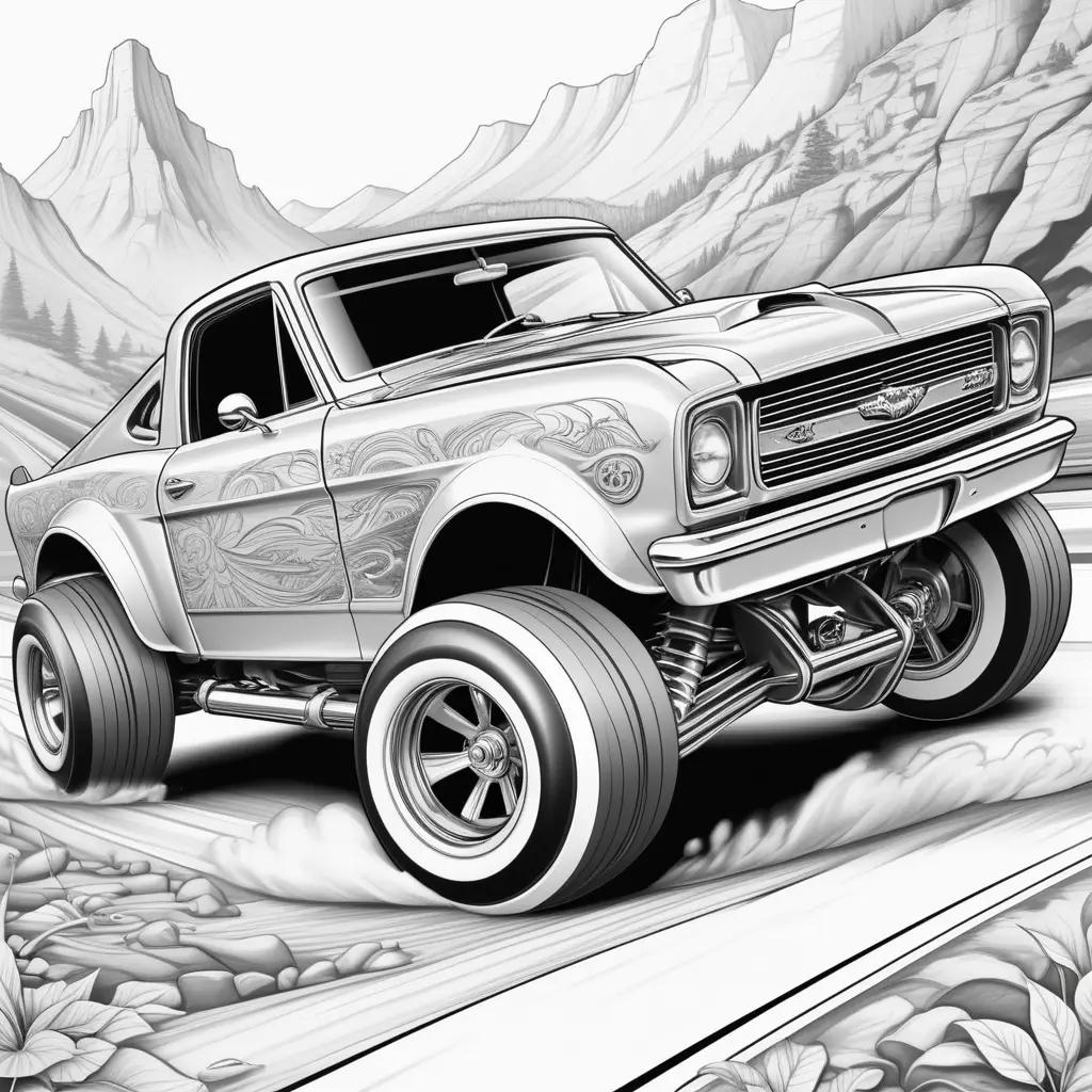 Black and white coloring page of hot wheels car