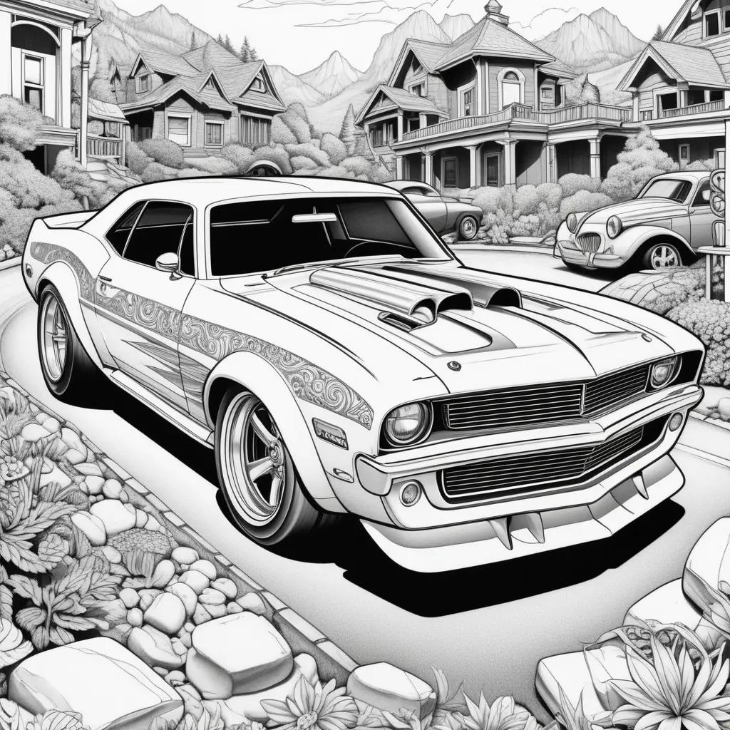 Black and white coloring page of hot wheels car