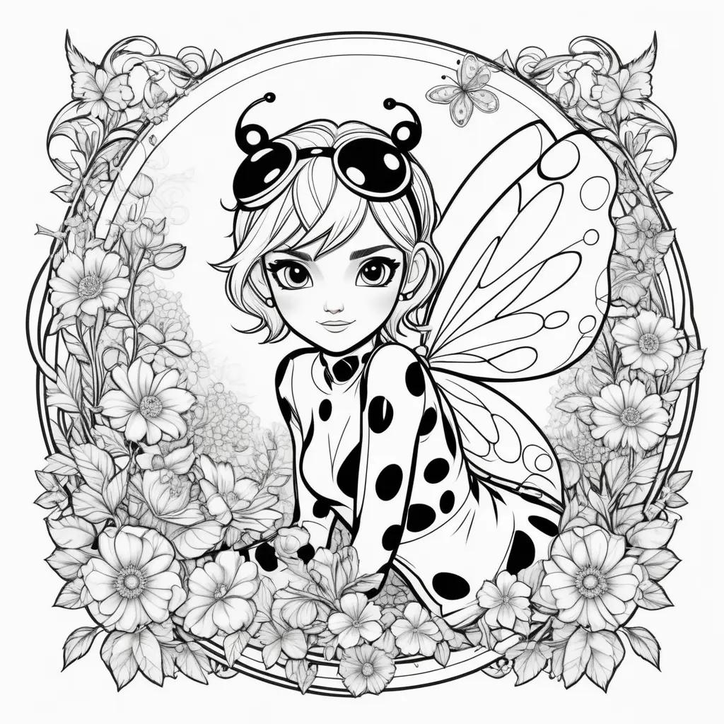 Black and white coloring page of ladybug with wings and polka dots