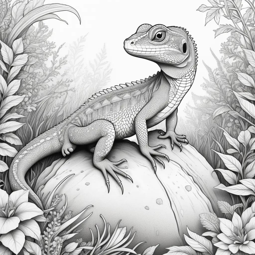 Black and white coloring page of lizard on rock