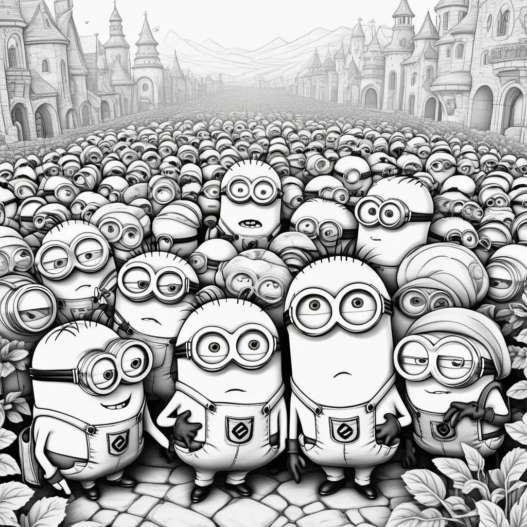 Black and white coloring page of minions in front of castle