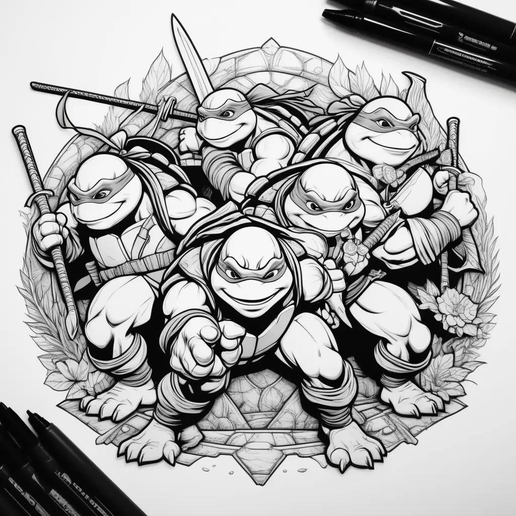 Black and white coloring page of ninja turtles