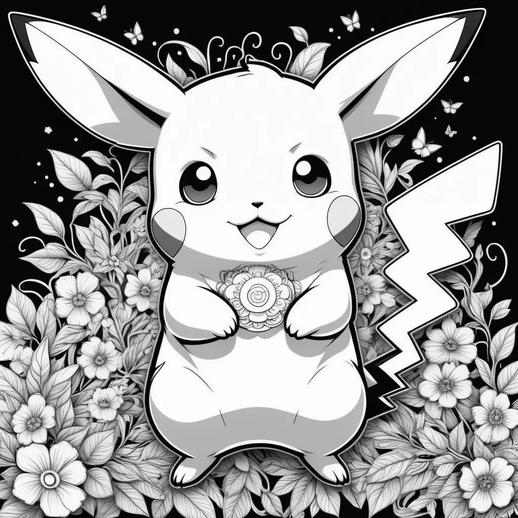 Black and white coloring page of pikachu with flowers