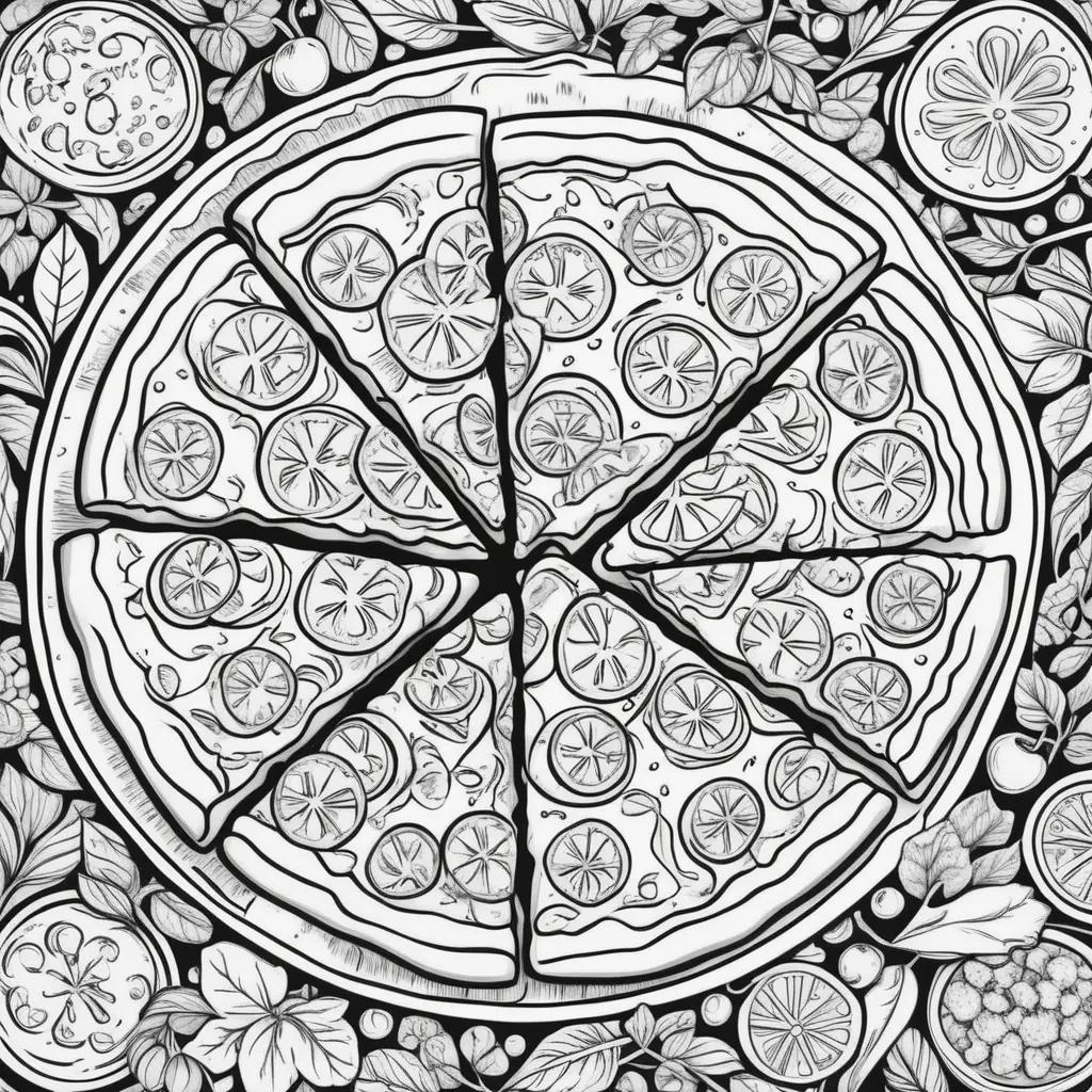 Black and white coloring page of pizza with fruit on top