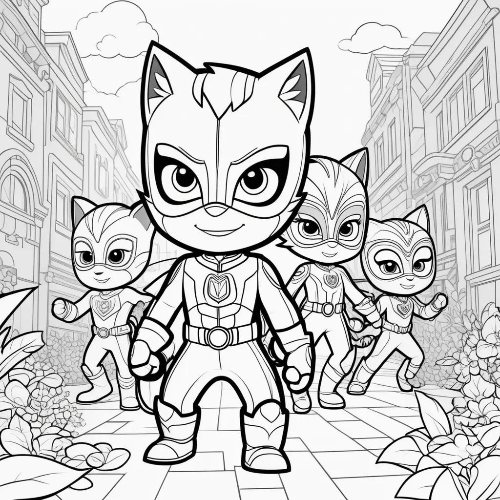 Black and white coloring page of pj masks characters