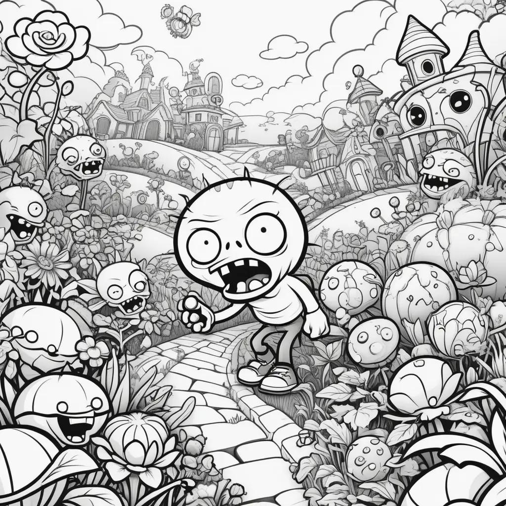 Black and white coloring page of plants vs zombies