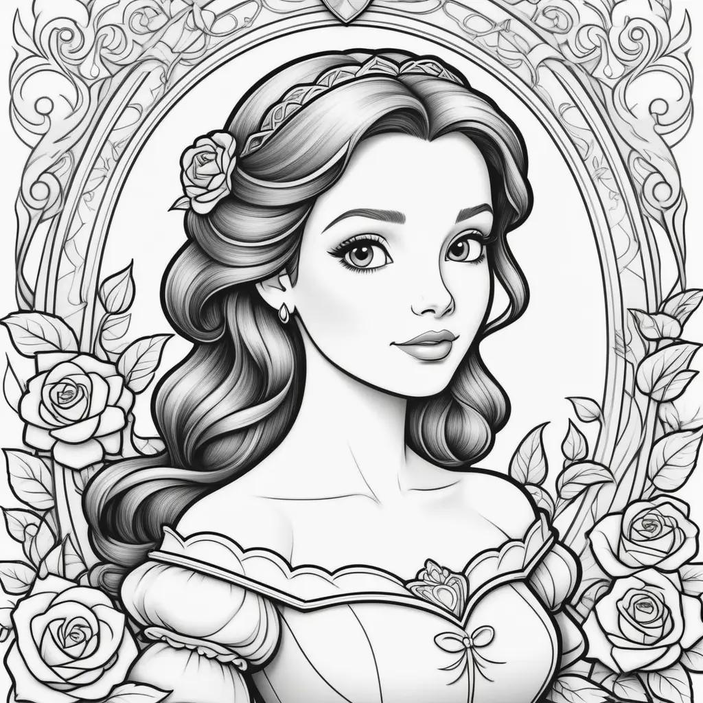 Black and white coloring page of princess belle