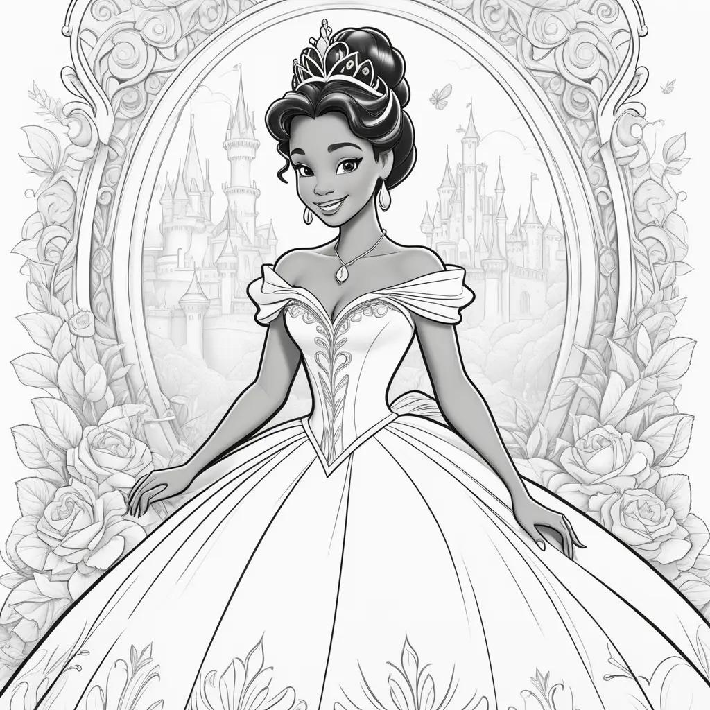 Black and white coloring page of princess tiana