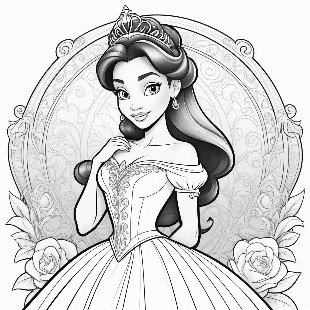 Black and white coloring page of princess tiana