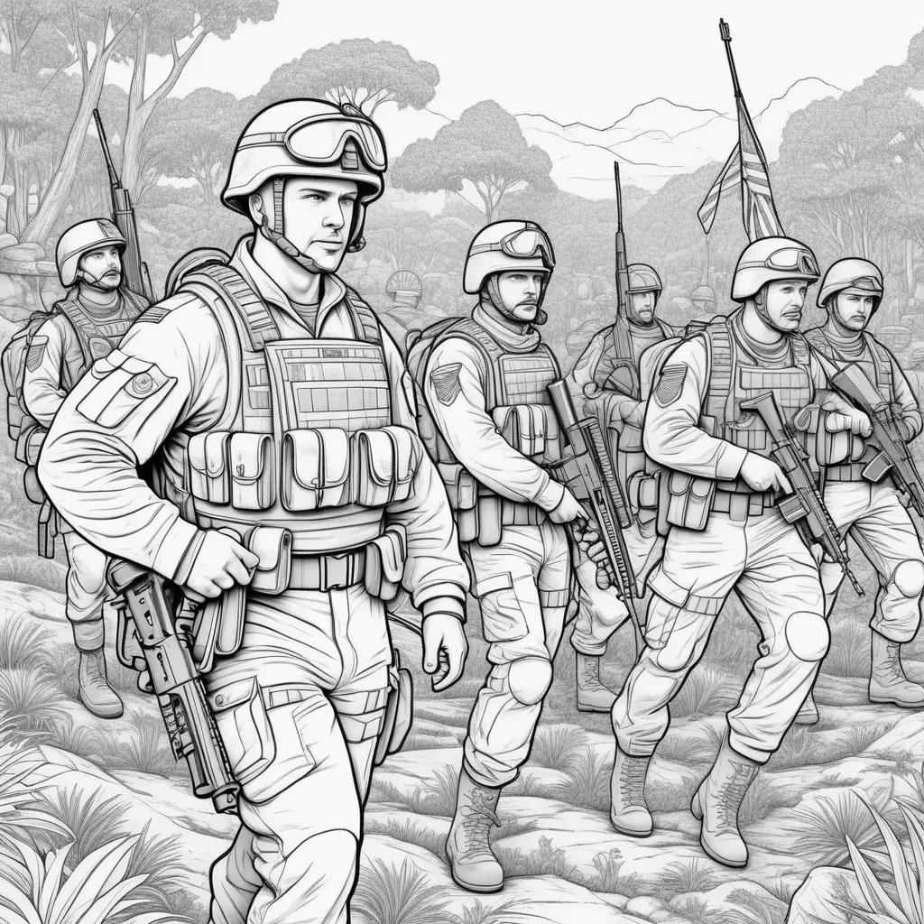 Black and white coloring page of soldiers in a forest