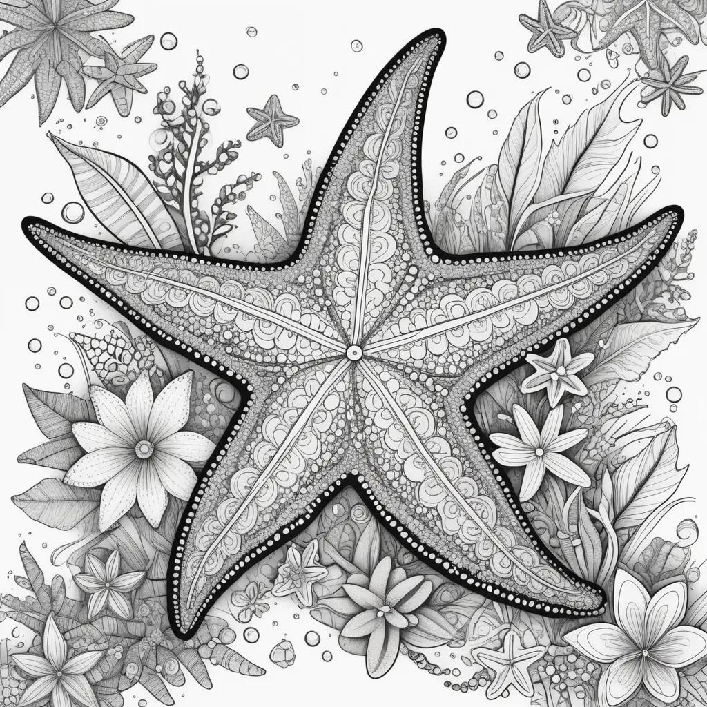 Black and white coloring page of starfish with flowers