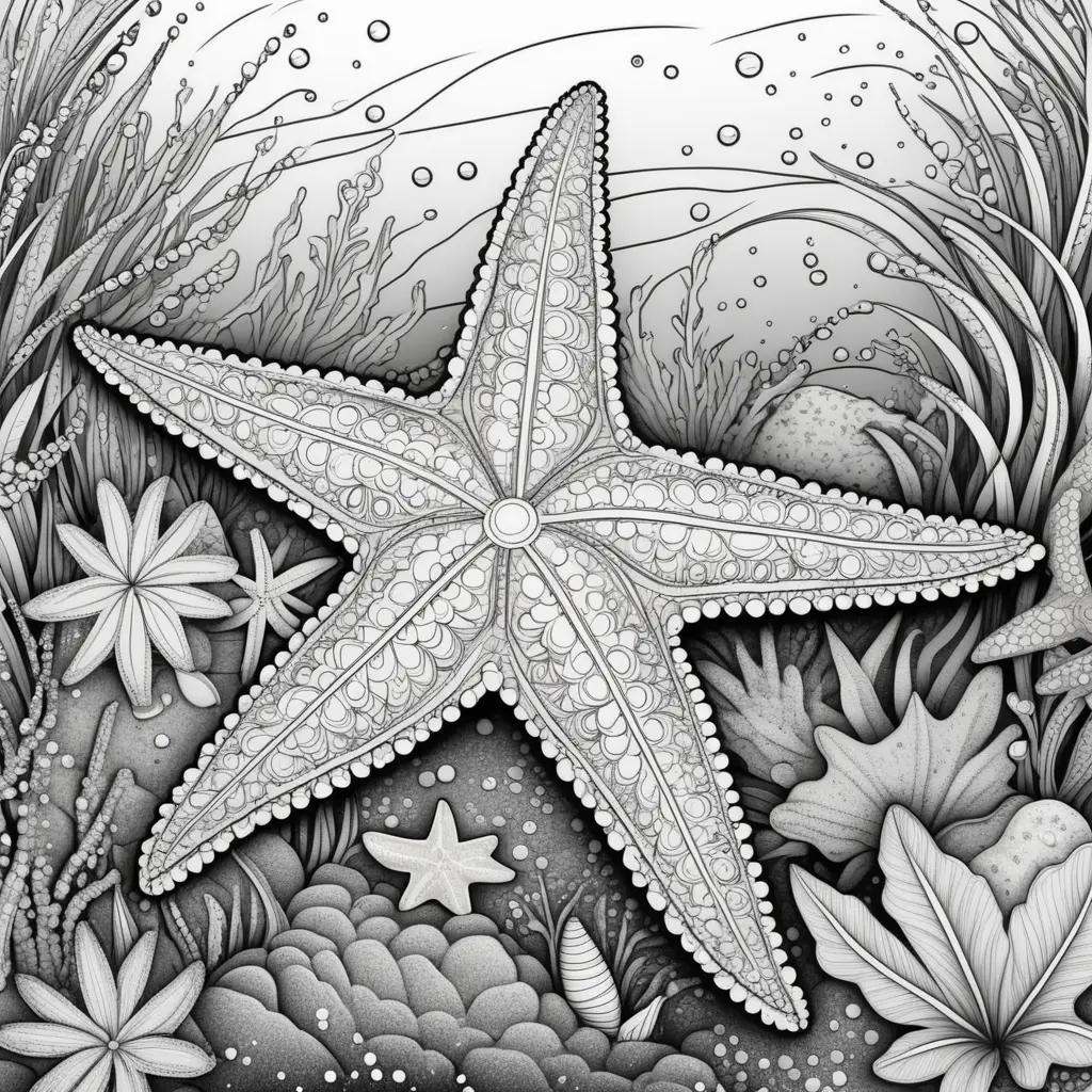 Black and white coloring page of starfish with seaweed