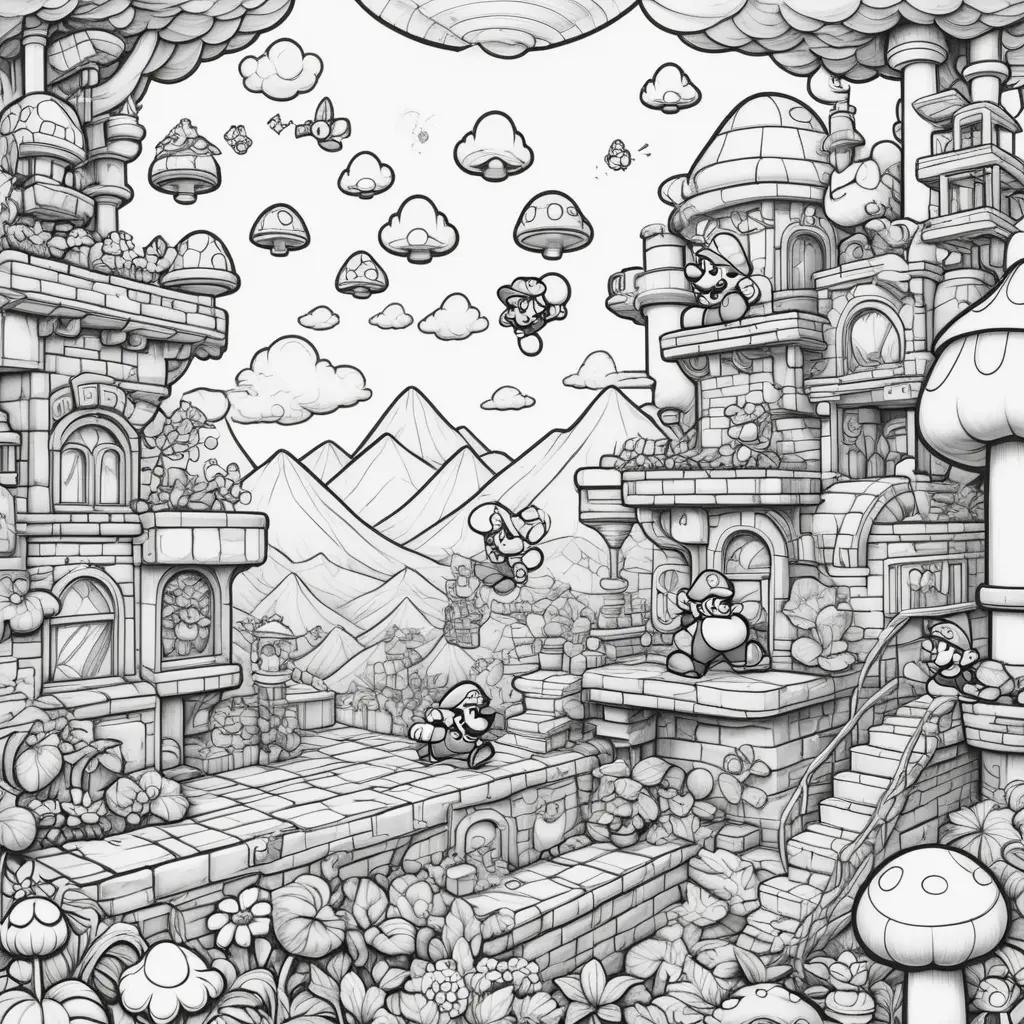 Black and white coloring page of super mario bros