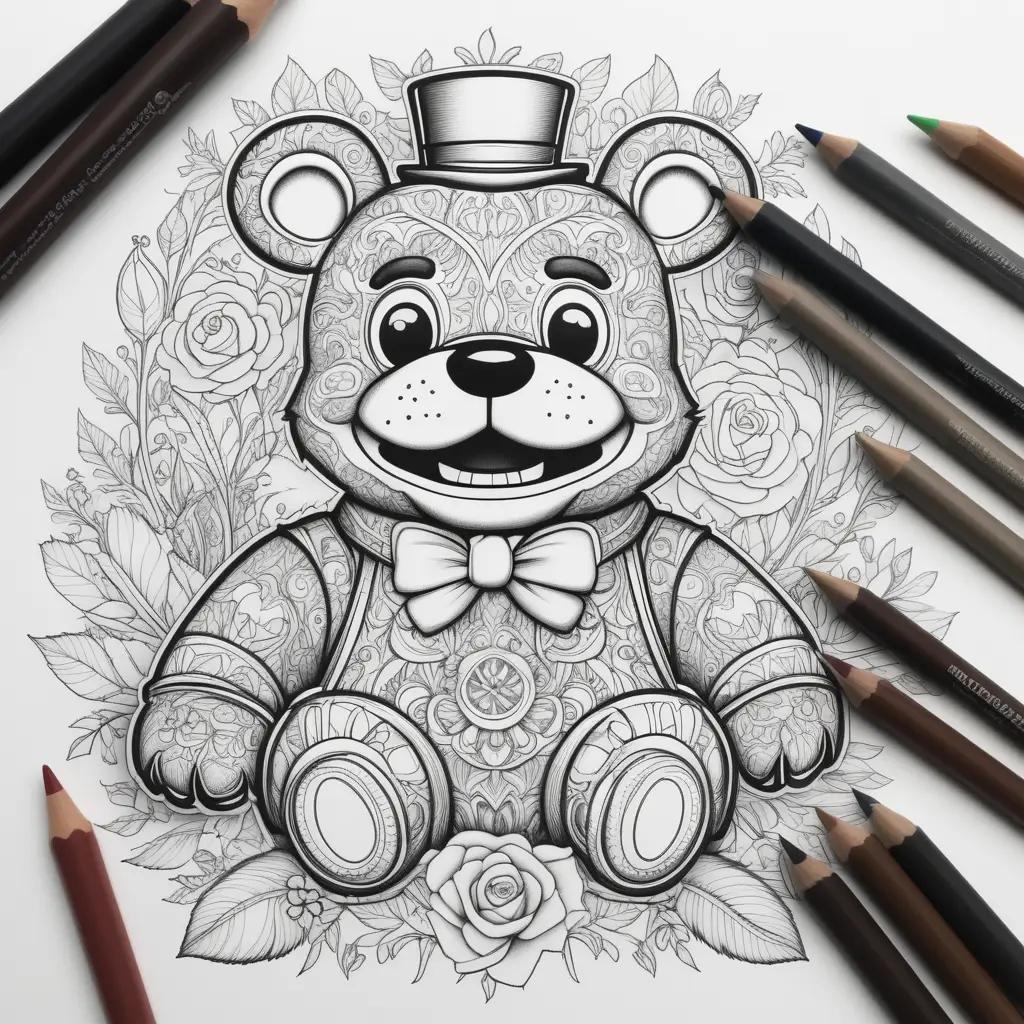 Black and white coloring page of teddy bear with floral design