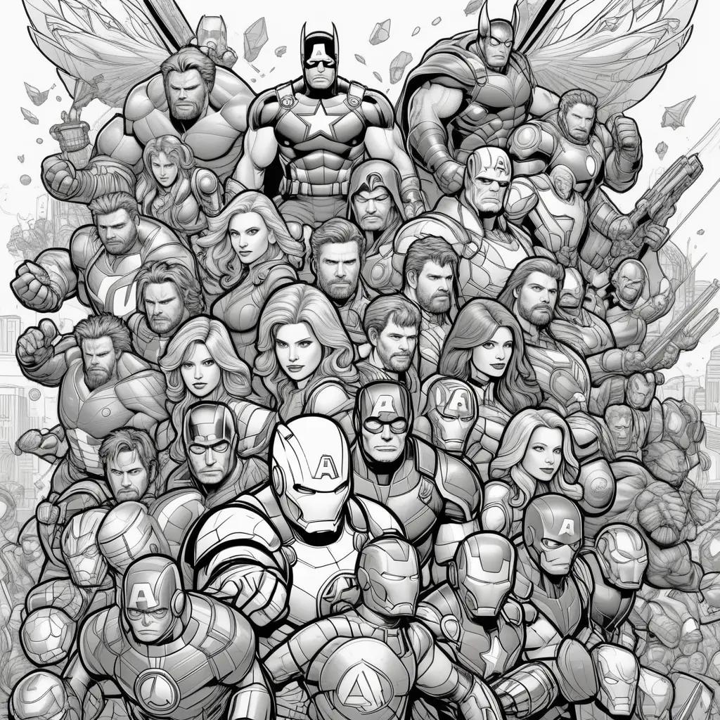 Black and white coloring page of the Avengers