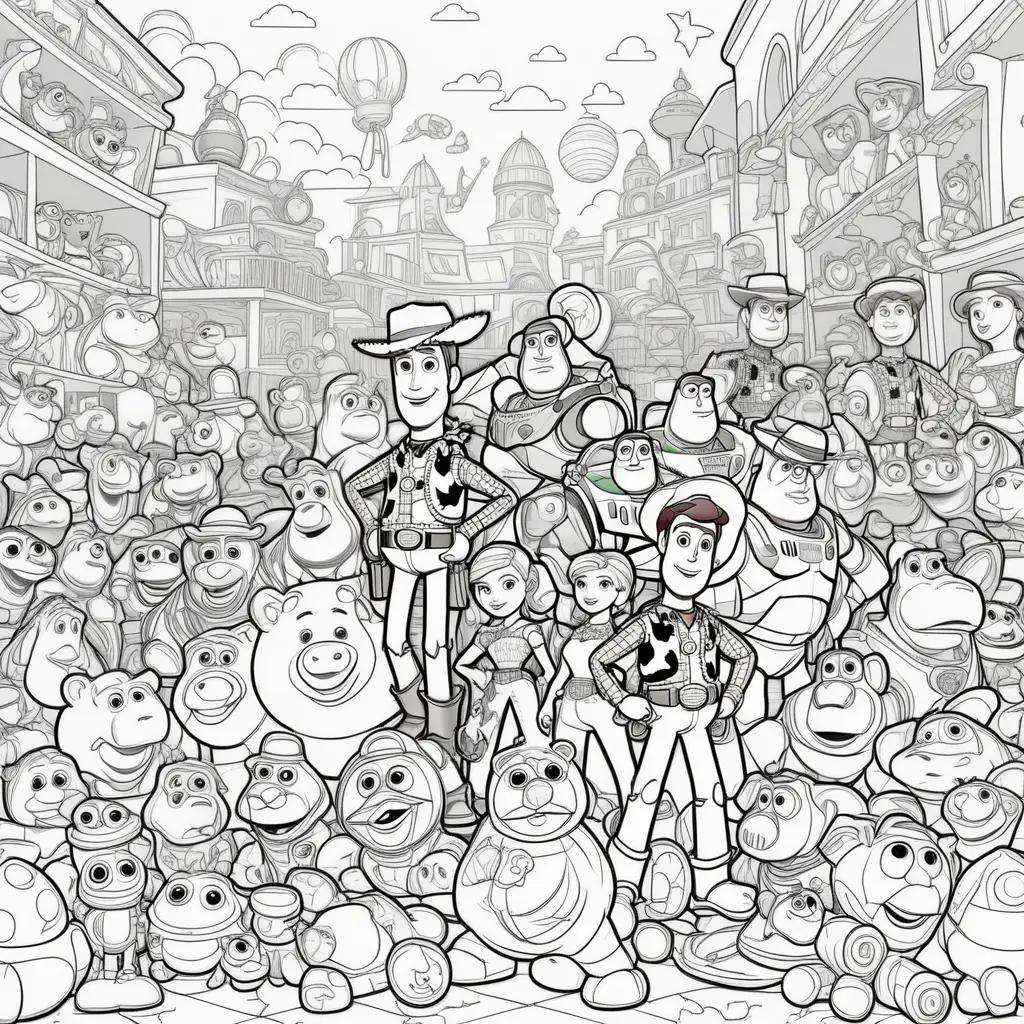 Black and white coloring page of toy story characters