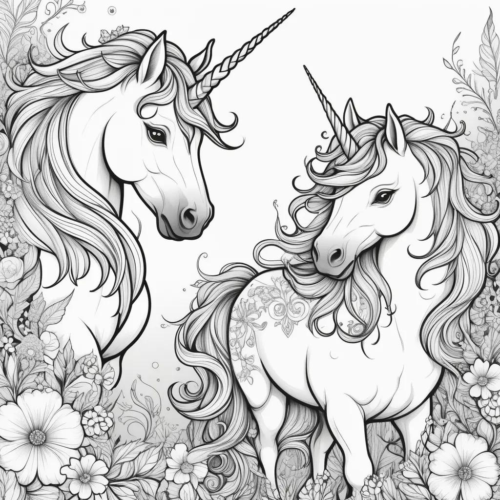 Black and white coloring page of unicorns with flowers