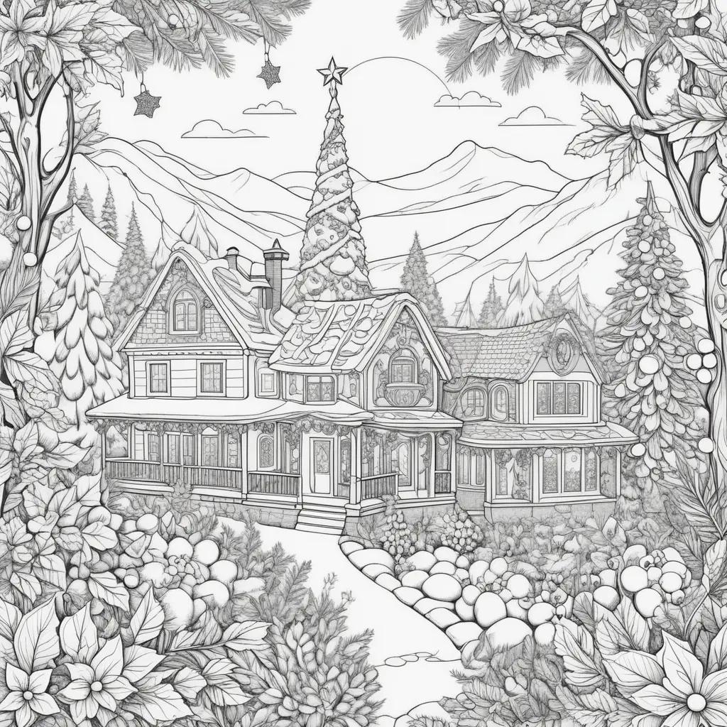 Black and white coloring page with a Christmas tree in the snow