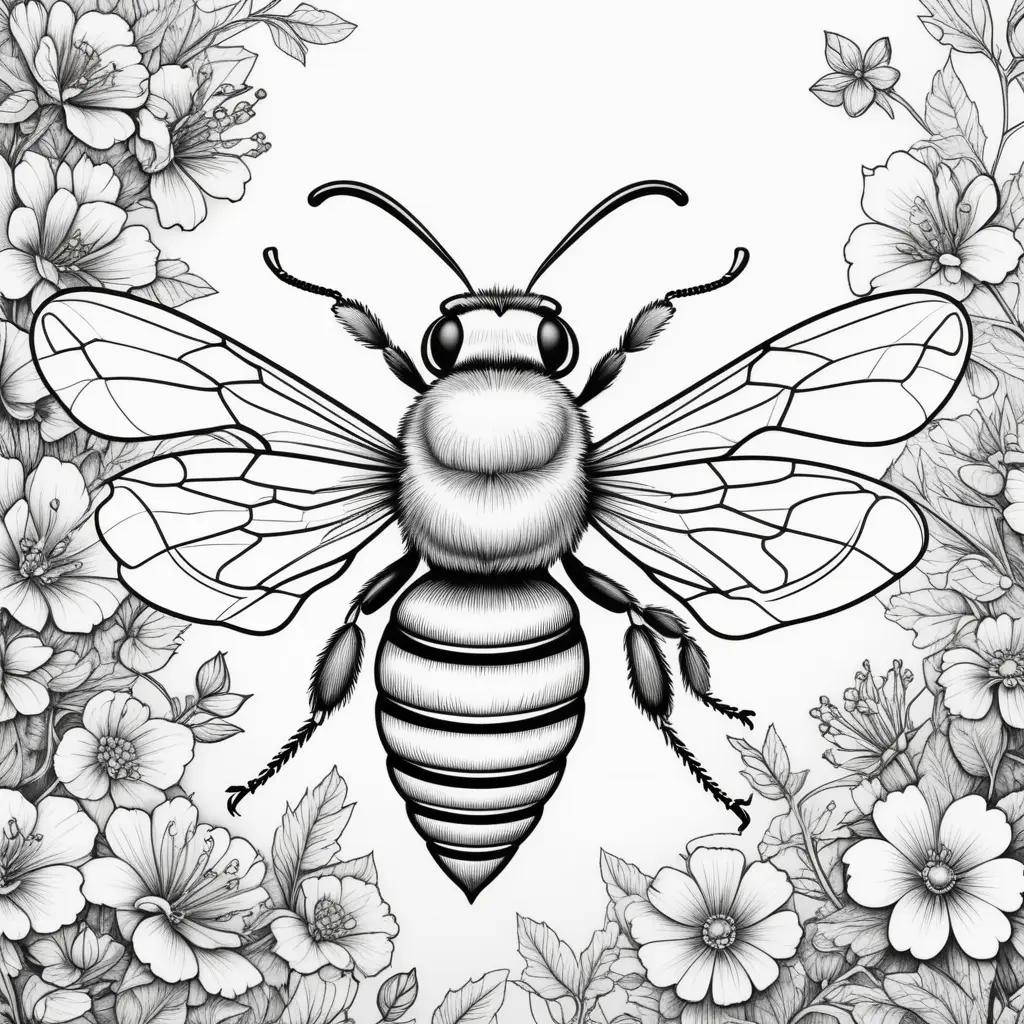 Black and white coloring page with a bee and flowers