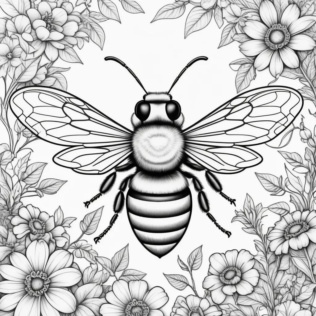 Black and white coloring page with a bee surrounded by flowers