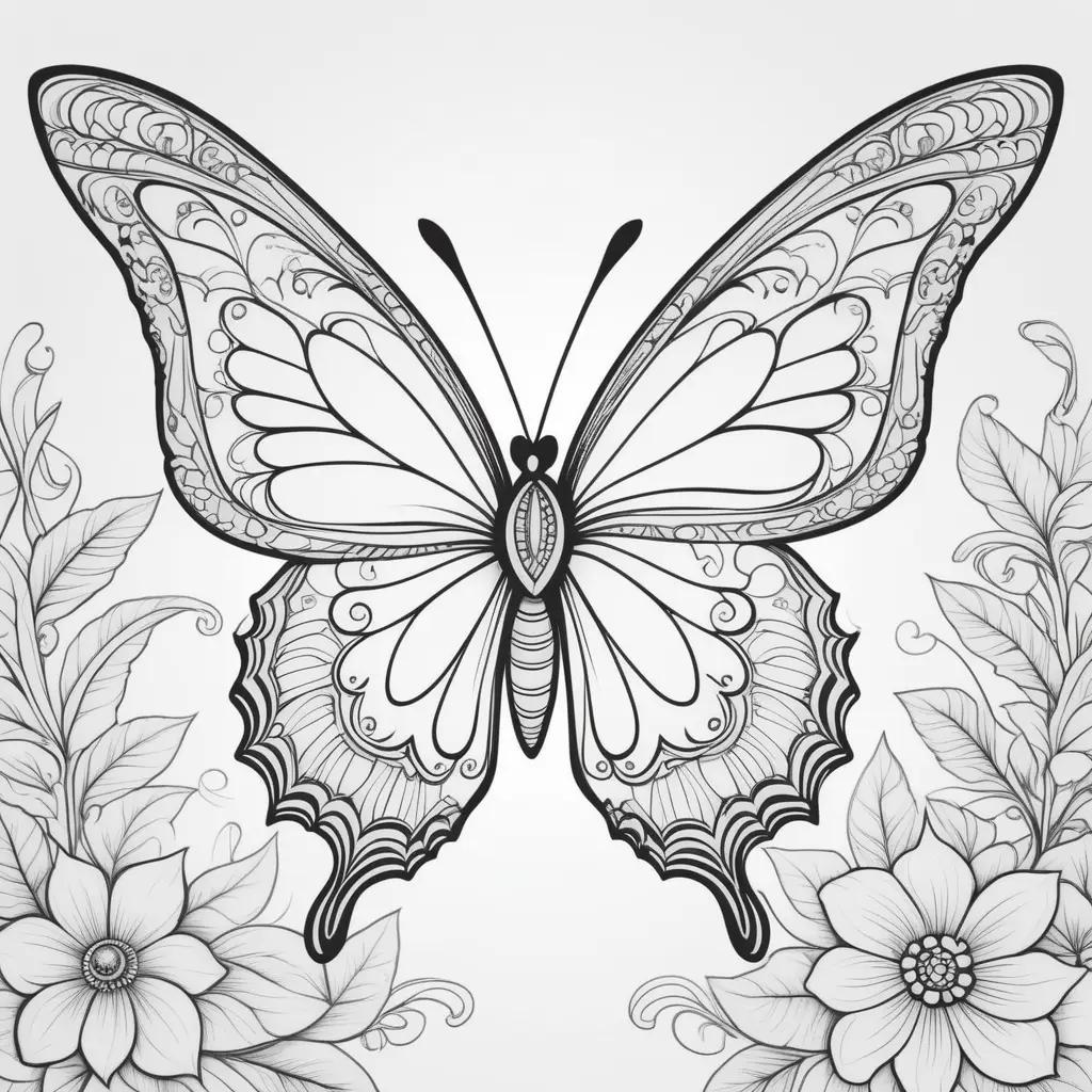 Black and white coloring page with a butterfly and flowers