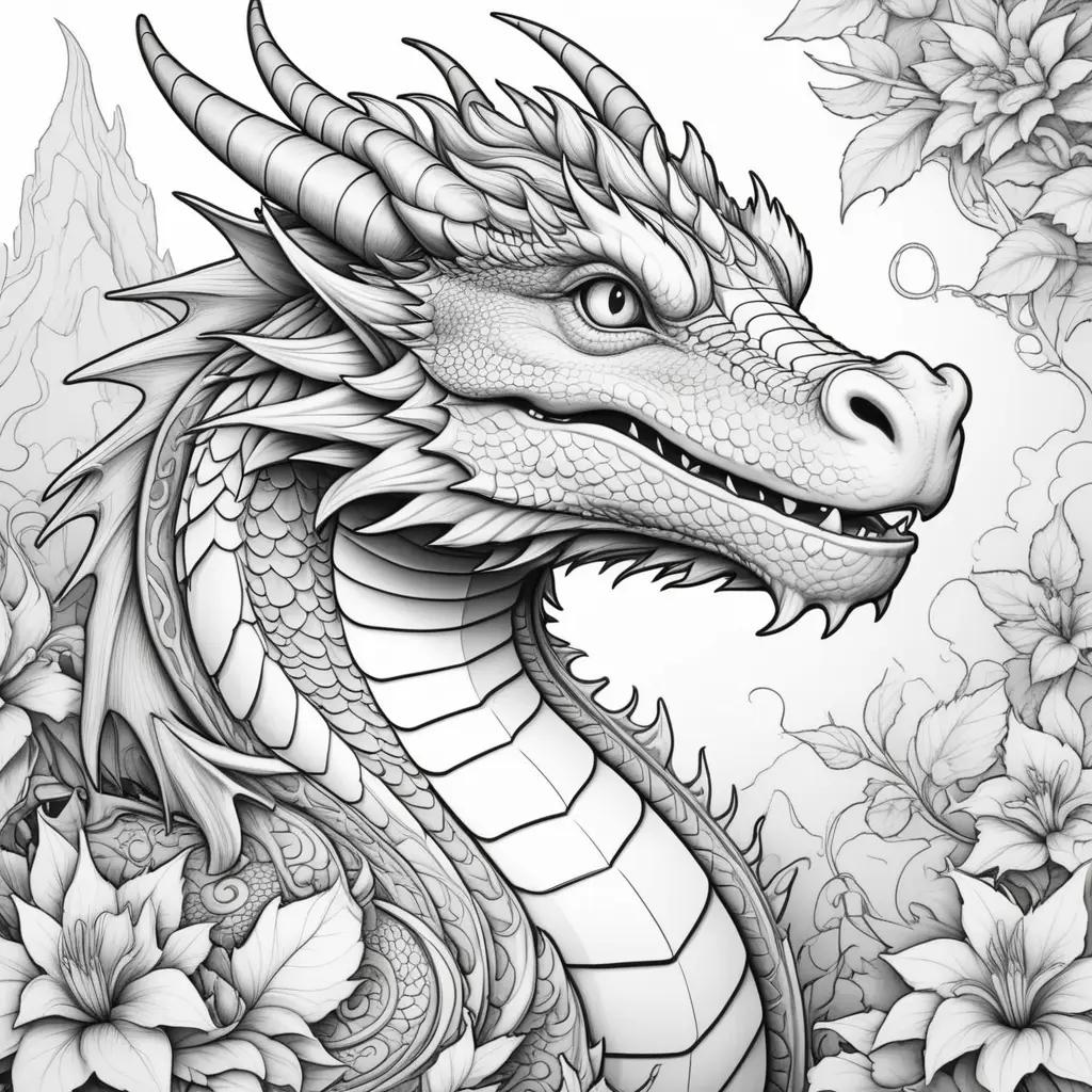 Black and white coloring page with a dragon