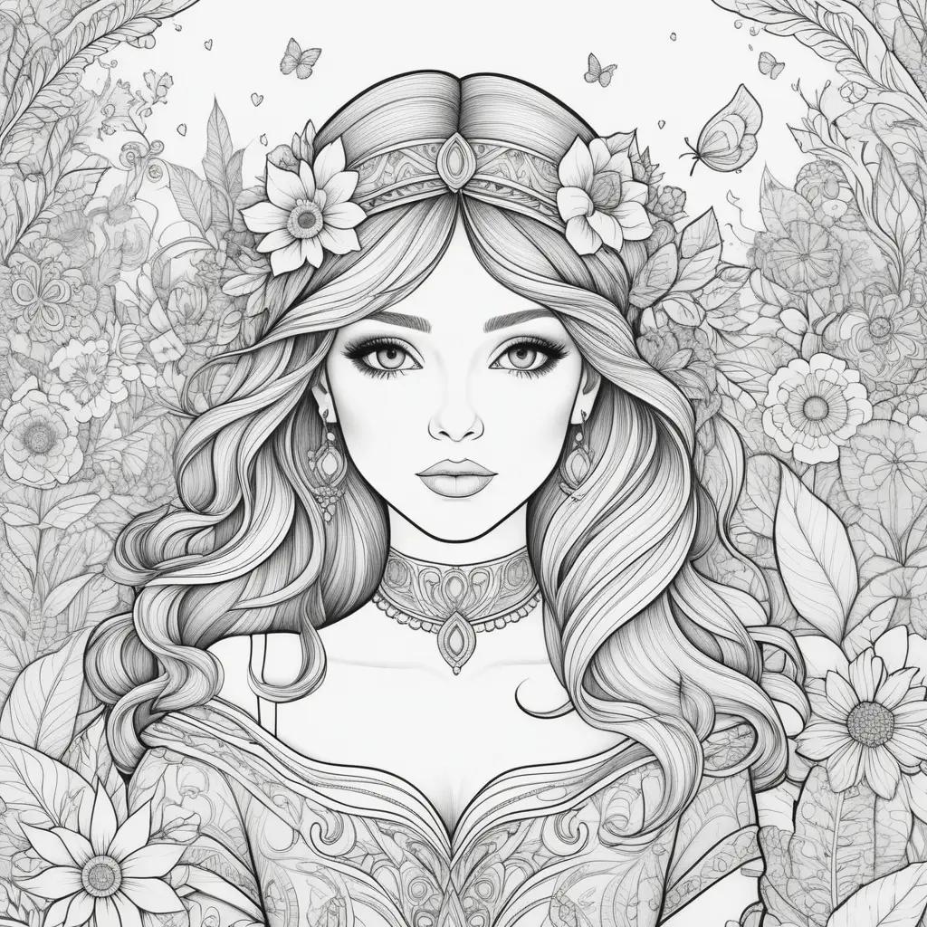 Black and white coloring page with a girl and flowers