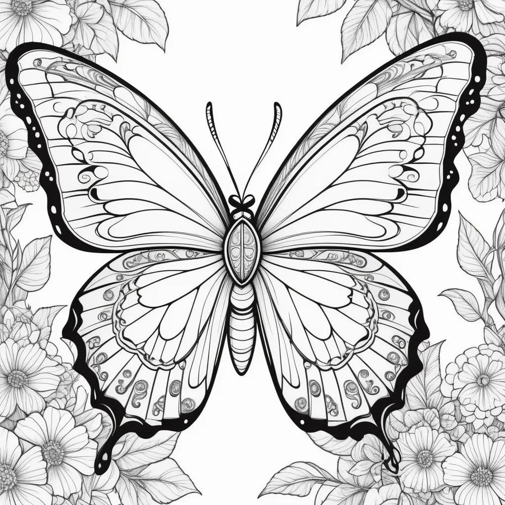 Black and white coloring page with butterfly and flowers